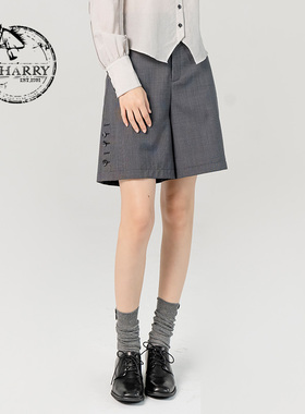 D-HARRY/迪哈利2023春新款复古通勤直筒灰色高腰短裤DH231L95985D