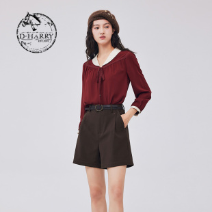 HARRY 衬衫 迪哈利2023秋季 复古文艺风红色长袖 DH233D96355D 新款