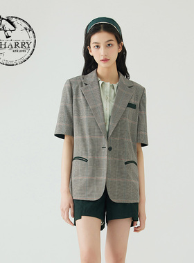 D-HARRY/迪哈利2023夏新款复古透气撞色格子短袖外套DH232A96172D