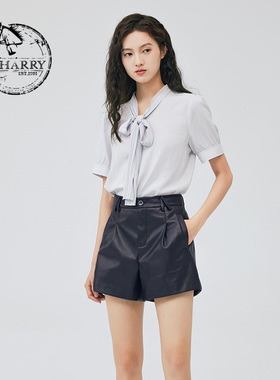 D-HARRY/迪哈利秋新款复古优雅系带领浅灰色小衫DH233R96333D