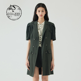 D-HARRY/迪哈利2023夏新款复古通勤泡泡袖深绿色外套DH232J96132D