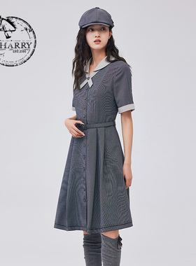 D-HARRY/迪哈利2023秋新款复古通勤收腰灰色拼接长裙DH233J96302D