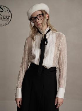 D-HARRY/迪哈利2024冬新款百搭蕾丝提花米色长袖衬衫DH244D97877D