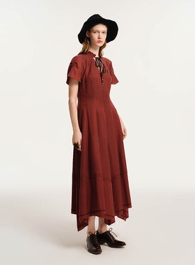 D-HARRY/迪哈利2024秋季新款复古V领红色短袖连衣裙DH243J97392D