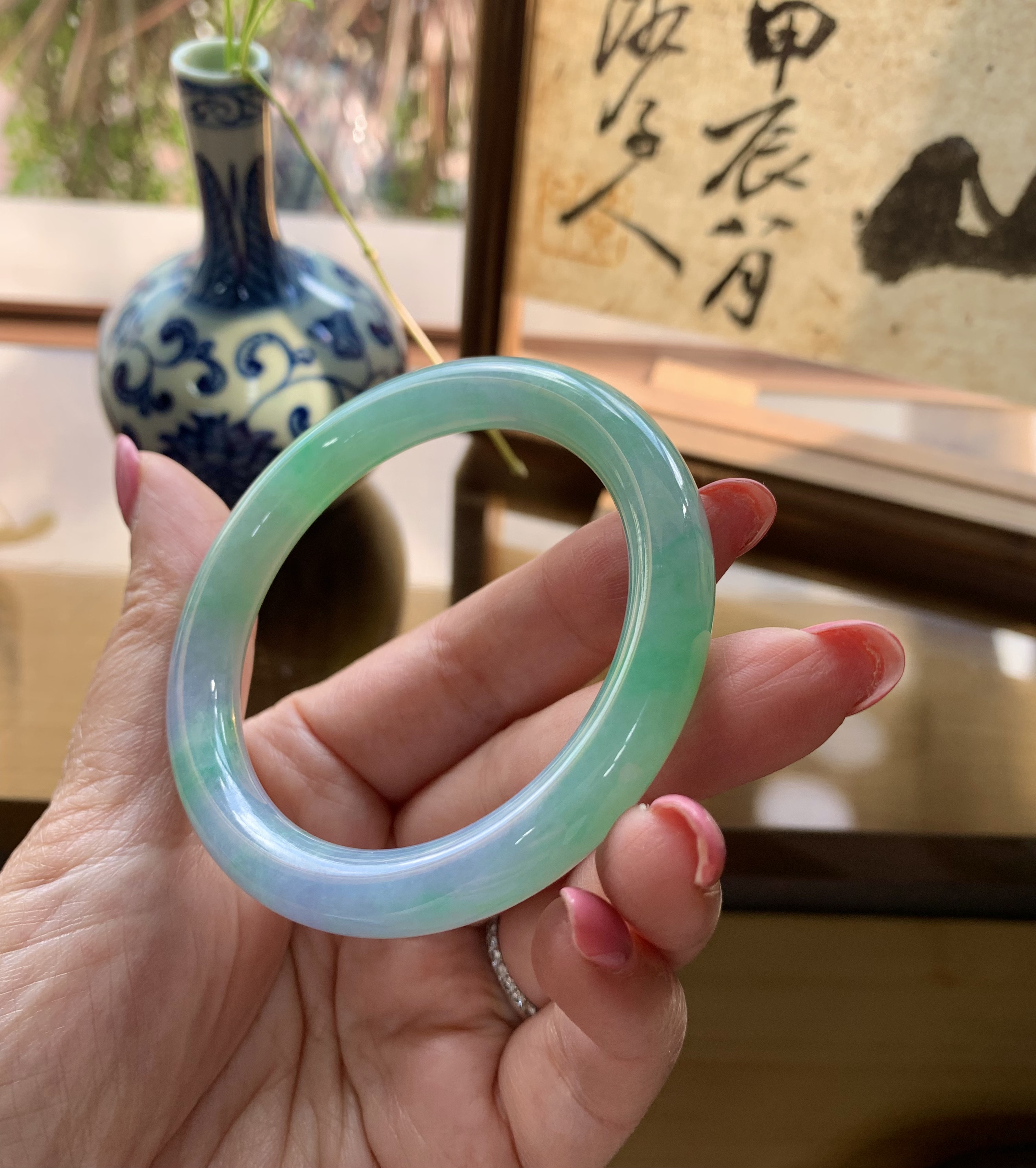 老坑冰糯种天然缅甸a货翡翠春彩圆条玉手镯51.5圈口有证书保真