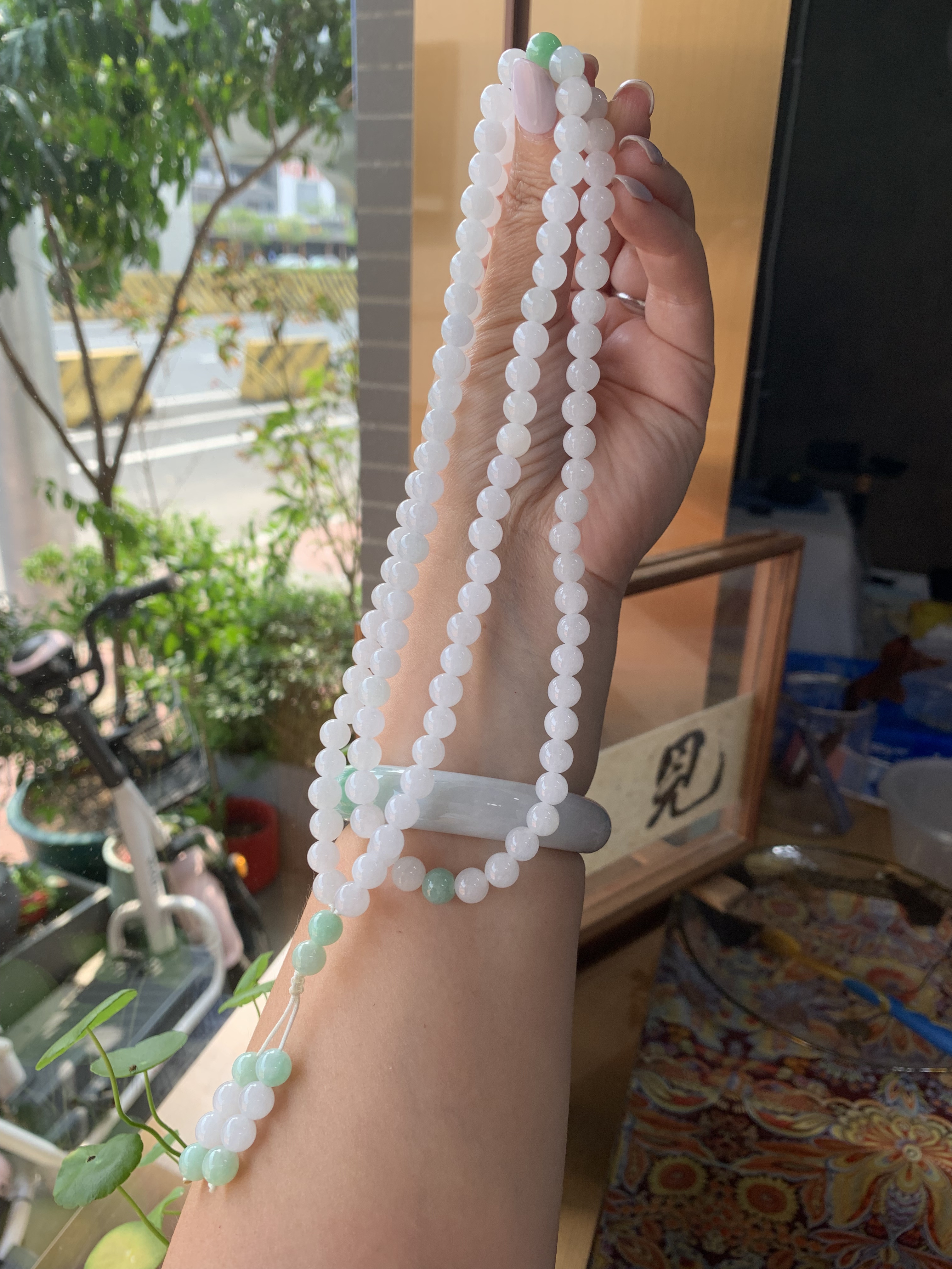老坑冰种干净纯天然缅甸a货翡翠圆珠手链项链毛衣链108佛珠多用款