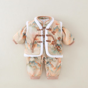 新生婴儿中国风加棉加厚连体衣宝宝冬季外出服满月周岁衣服新品