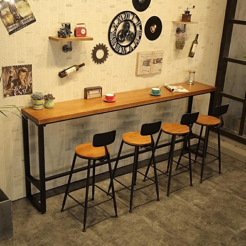 铁艺实木酒吧台桌椅组合咖啡厅奶茶店阳台靠墙长条高脚桌家用餐桌