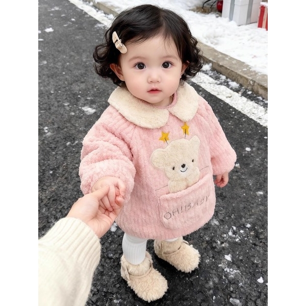 宝宝罩衣冬外穿可爱卡通小熊反穿衣女宝宝加绒保暖儿童防脏罩衣衫