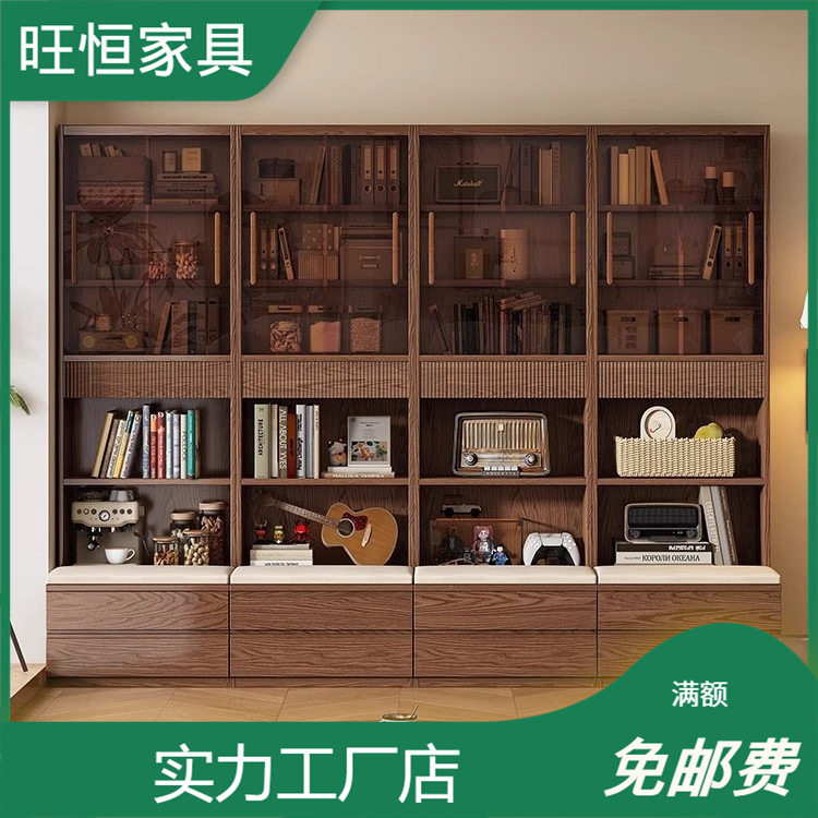 实木书柜满墙带玻璃组合展示柜一体柜整墙卡座书柜客厅功能储物柜图片
