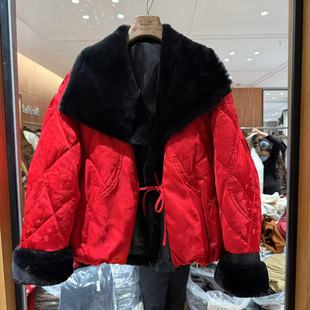 欧洲站2025冬新时尚皮毛一体翻领拼人丝提花菱格宽松鹅绒服2552