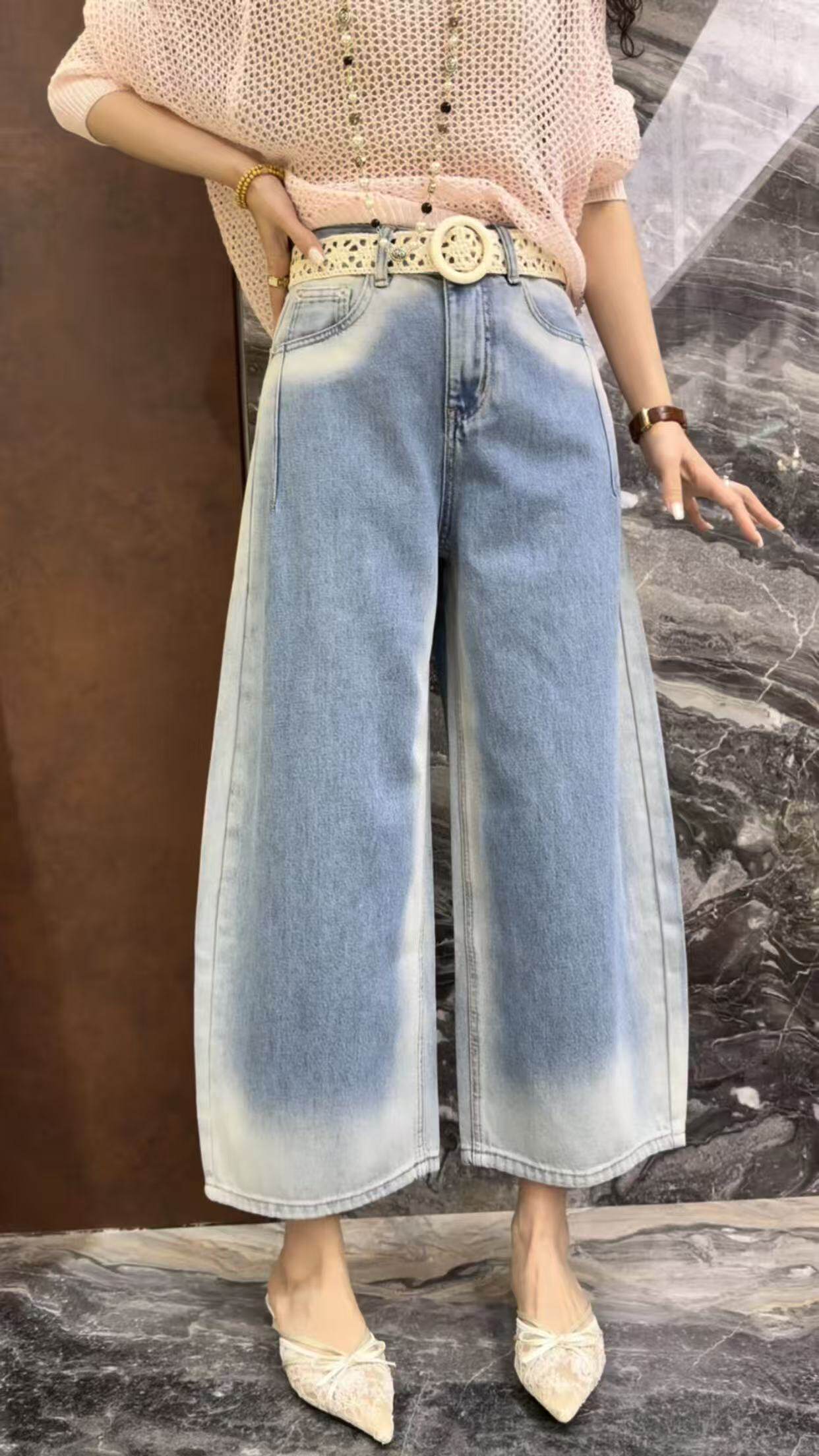 曼曼家2026新款欧货编织腰带窄版显瘦渐变色直筒阔腿八分牛仔裤潮