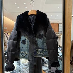 欧洲站2025冬款大翻毛领亮片刺绣拼牛仔皮毛一体皮草羽绒服8A9161