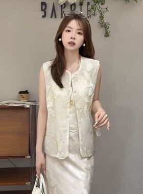 欧洲站2026新款欧货新中式圆领浮雕提花轻薄叠穿唐装坎肩上衣2085