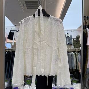 上衣8009 V领蕾丝钩花镂空挂脖减龄百搭衬衫 欧洲站2026新款 法式