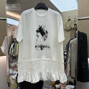 欧洲站2026春新款 T恤潮6038 欧货圆领百褶木耳边下摆美女印花短袖