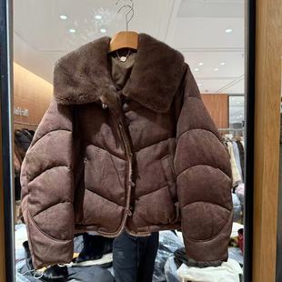 欧洲站2025冬新水貂毛拼接大翻领饼干扣宽松短款 鹅绒面包服2558