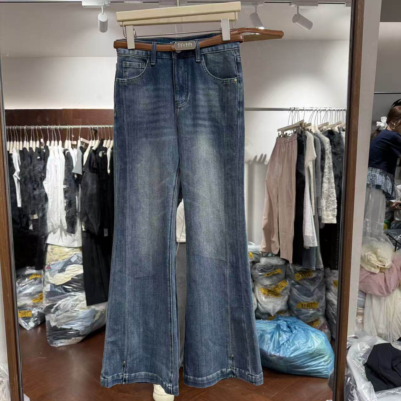 欧洲站2026新款欧货高腰四面弹修身裤脚开叉洋气微喇牛仔裤26064