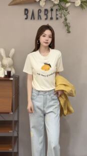 欧洲站2026新款 上衣28323 欧货圆领字减龄钉珠水果图案百搭短袖