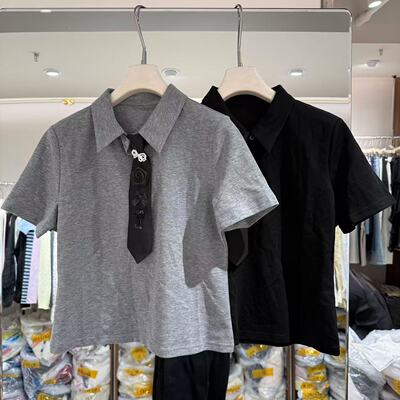 欧洲站2026春新款韩系立体花领带短袖显瘦减龄学院风上衣女5189