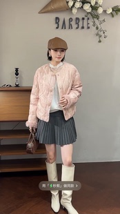 欧洲站2025冬新时尚圆领粉色提花短款鹅绒新中式国风羽绒服6109