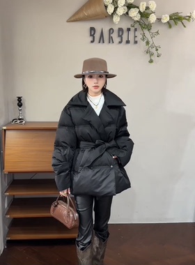 欧洲站2025冬新时尚翻领单排扣收腰显瘦中长款羽绒服外套女36337