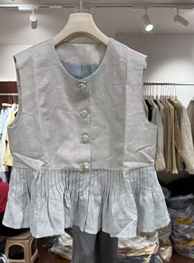 欧洲站2026春新款韩系圆领百褶裙摆温柔恬静减龄背心女上衣QA107