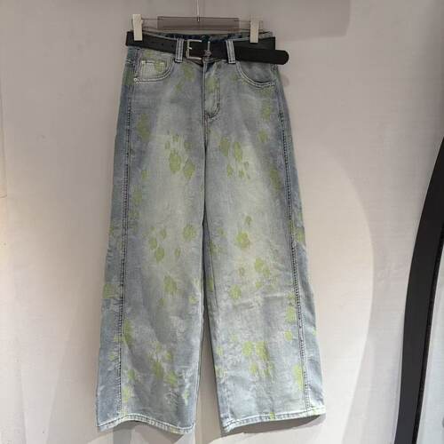 欧洲站2026新款欧货时尚拼色提花高腰显瘦小清新直筒牛仔裤8362