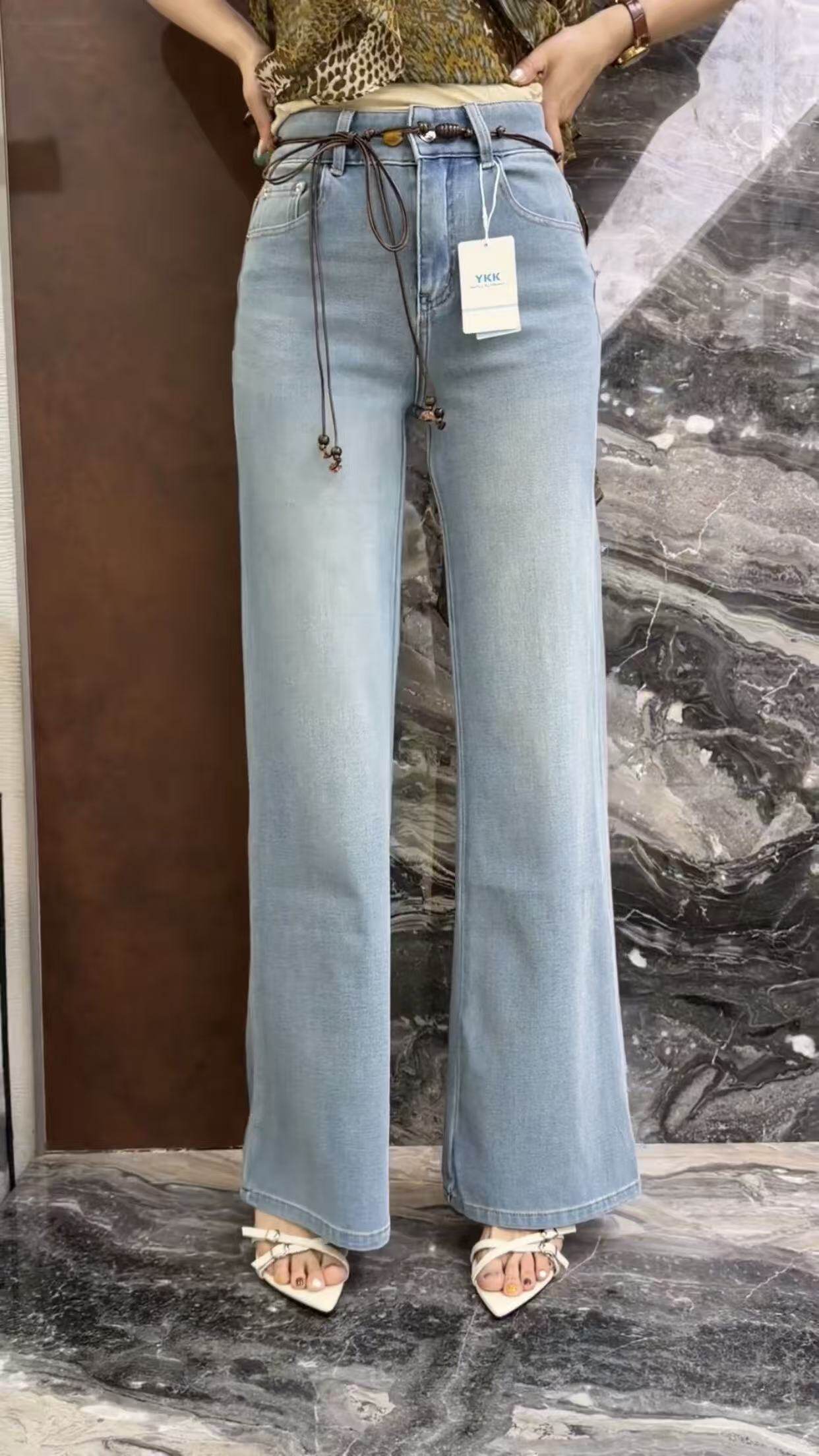 曼曼家2026夏新款欧货时尚彩线刺绣口袋编织腰绳修身牛仔喇叭裤