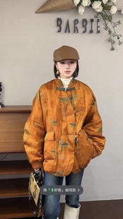 欧洲站2025冬新款时尚立领盘扣印花宽松保暖新中式羽绒服外套1758