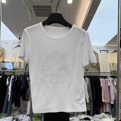 欧洲站2026新款欧货时尚圆领重工管珠绣花亲肤透气短袖T恤女6837