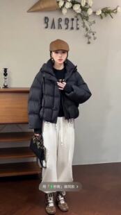 欧洲站2025冬款韩版连帽抽绳收腰宽松格子压线保暖羽绒服潮88190