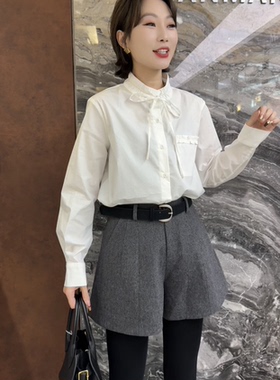 曼曼家2025冬新款时尚立领系带蝴蝶结长袖薄款女宽松衬衫71587