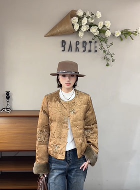 欧洲站2025冬新时尚圆领国风盘扣刺绣水貂毛袖口羽绒服外套28598