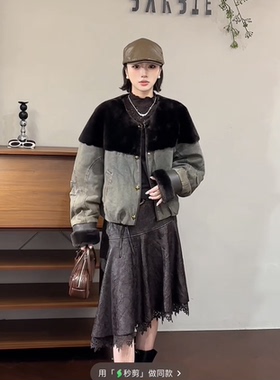 欧洲站2025冬季新款时尚圆领拼接皮毛一体牛仔宽松显瘦外套女9631
