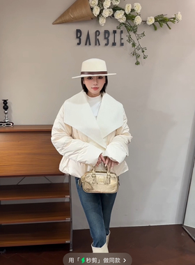 欧洲站2025冬新款时尚大翻领拼接羊毛呢短款羽绒服外套上衣66906