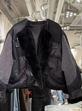 欧洲站2025冬新时尚翻领拼接皮毛一体宽松牛仔短款鹅绒外套25822