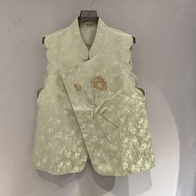 欧洲站2026春新款欧货立领波浪边轻奢刺绣花朵无袖国风马甲女5895