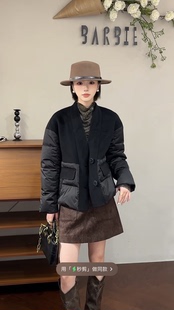 欧洲站2025冬新时尚V领单排扣宽松毛呢拼接保暖羽绒服外套女23697