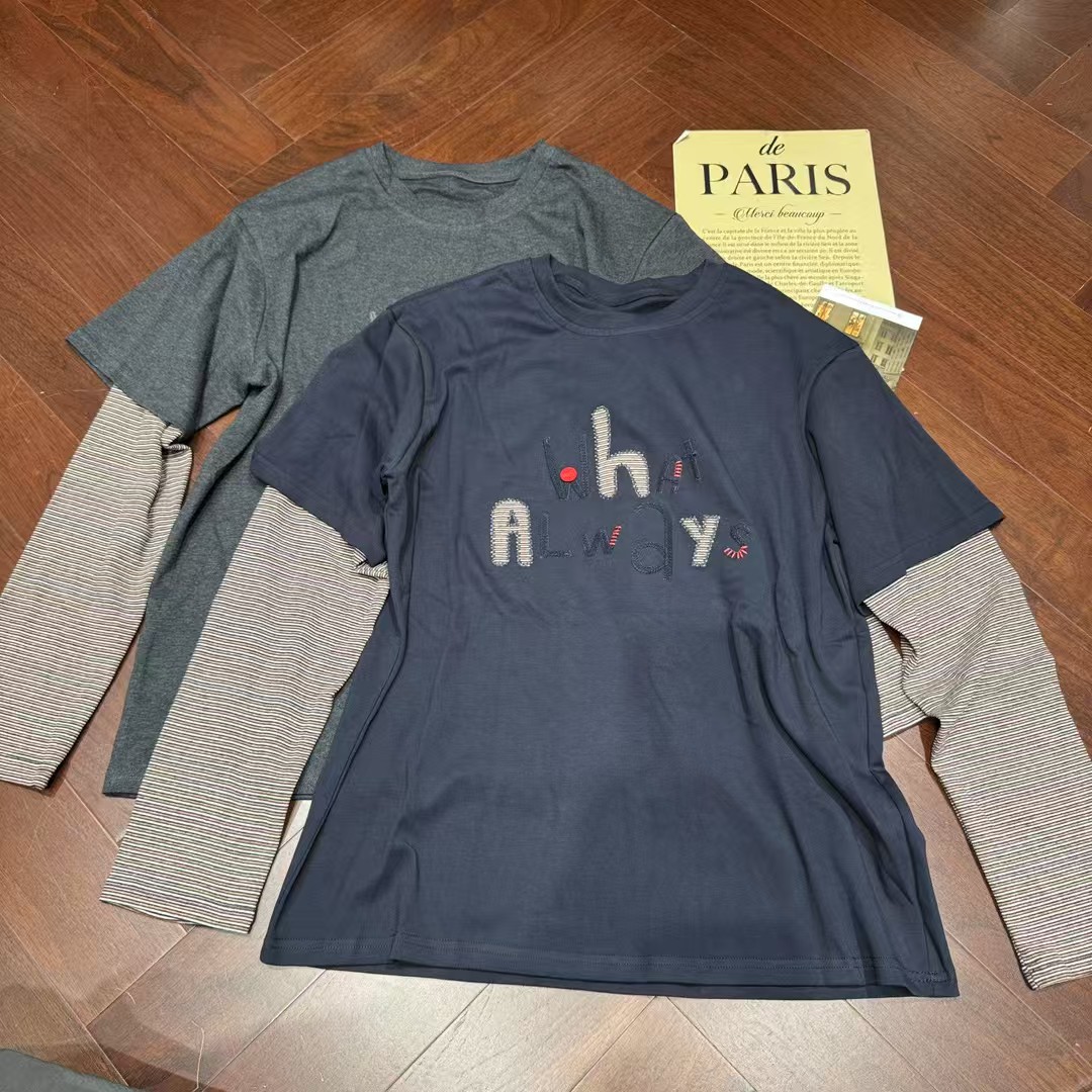 BAR BIE/2025秋新款韩系圆领字母刺绣条纹拼接假两件休闲T恤3048