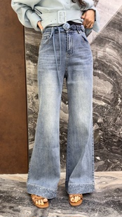 曼曼家2026春新款欧货显瘦立体花朵腰带微喇亮片裤脚牛仔裤女潮