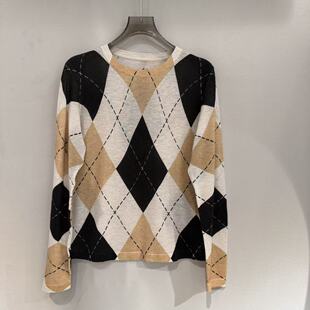 羊毛针织衫 复古圆领菱形格纹百搭薄款 女26021 美式 欧洲站2026新款