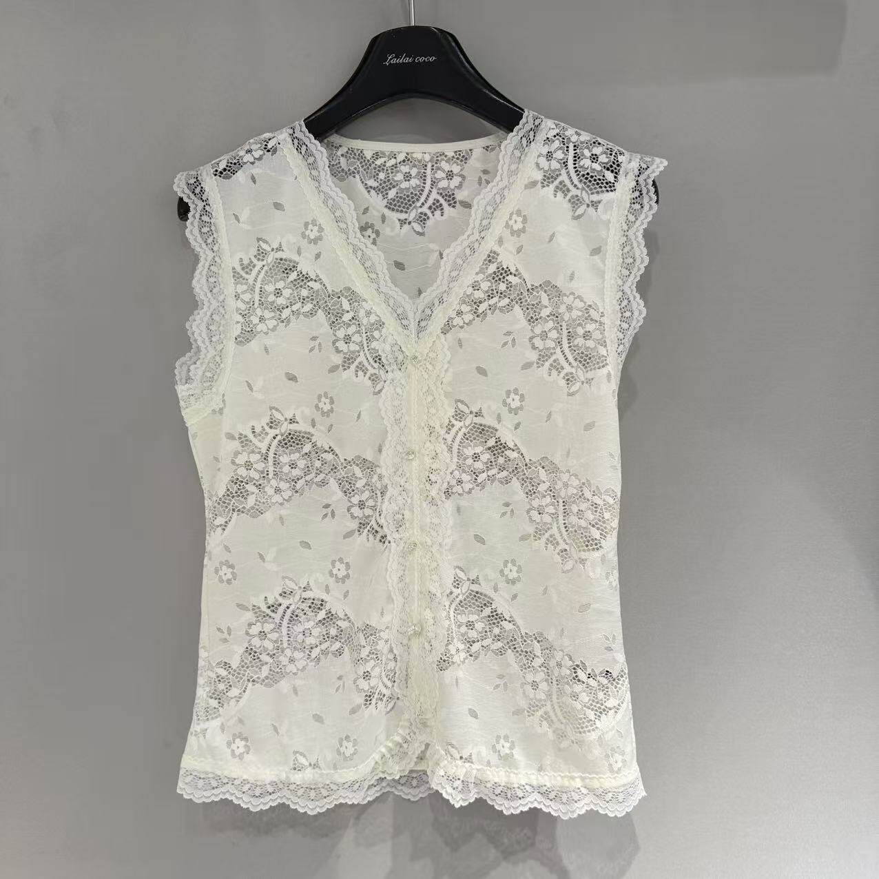 欧洲站2026春新款欧货时尚V领蕾丝拼接镂空透视洋气无袖上衣85125