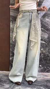 女 欧货刺绣网纱屁帘复古水洗阔腿牛仔裤 曼曼家2026春季 新款