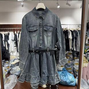 欧洲站2026新款设计师款翻领荷叶边收腰洋气纯棉牛仔连衣短裙9152