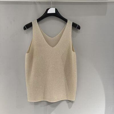 欧洲站2026新款欧货时尚V领重工烫钻冰丝无袖背心宽松打底衫26032