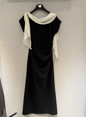 欧洲站2026新款法式御姐范气质优雅配飘带修身赫本风长连衣裙2616