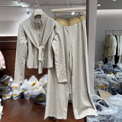 欧洲站2026春季新款欧货立领拉链上衣拼色字母腰头休闲裤套装2655