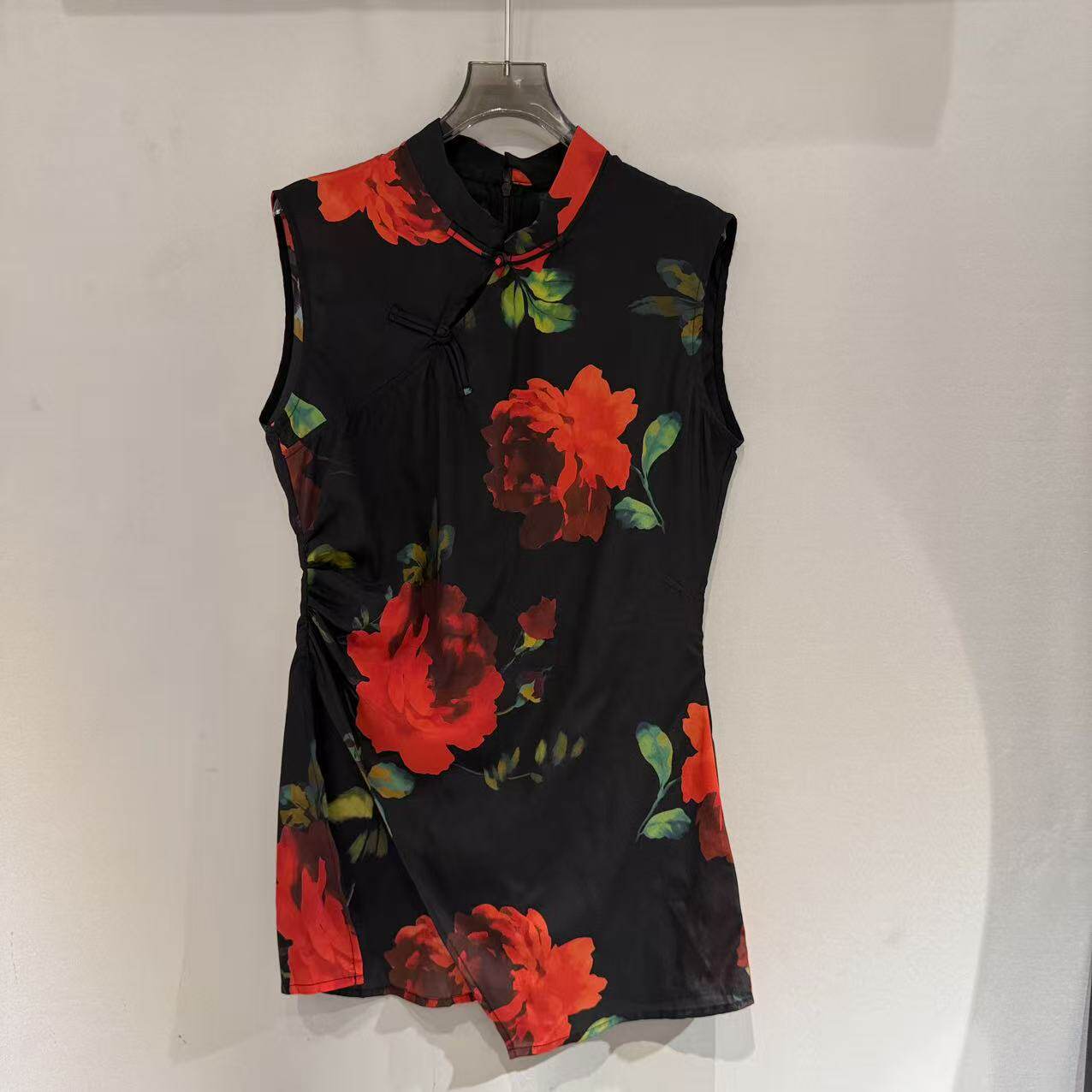 欧洲站2026新款欧货立领玫瑰印花侧开叉改良旗袍无袖上衣女26013