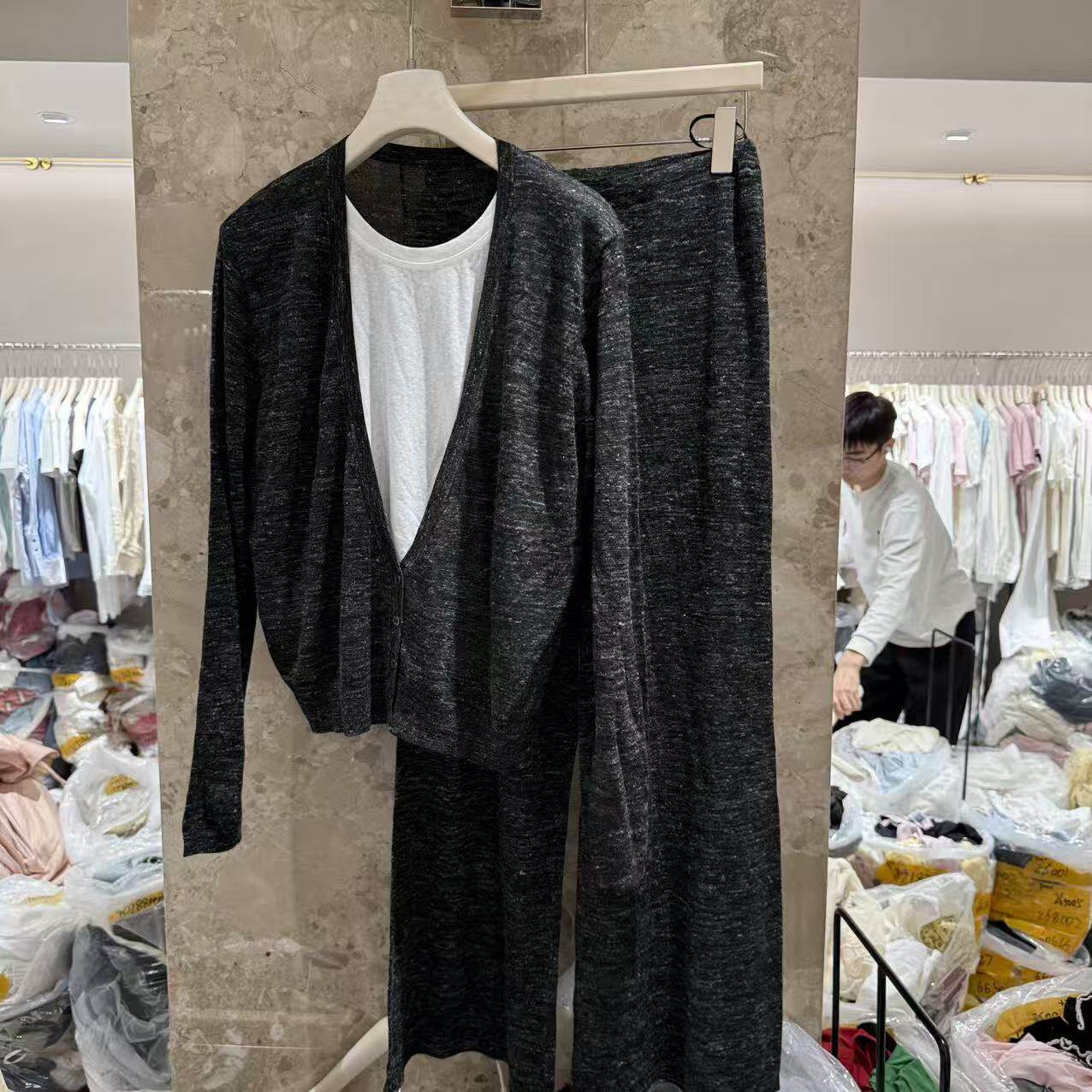 欧洲站2026新款欧货老钱风拼色假两件针织衫+阔腿裤两件套268005